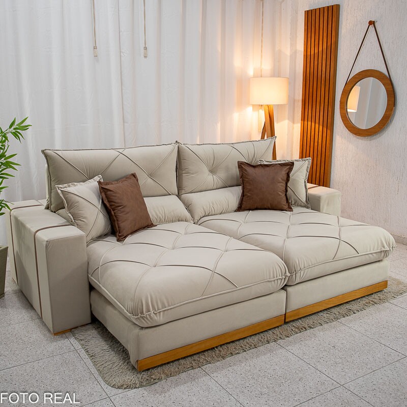 Sofá Retrátil Reclinável Gran Bello 2.30m Veludo Bege - Molas Ensacadas Pocket