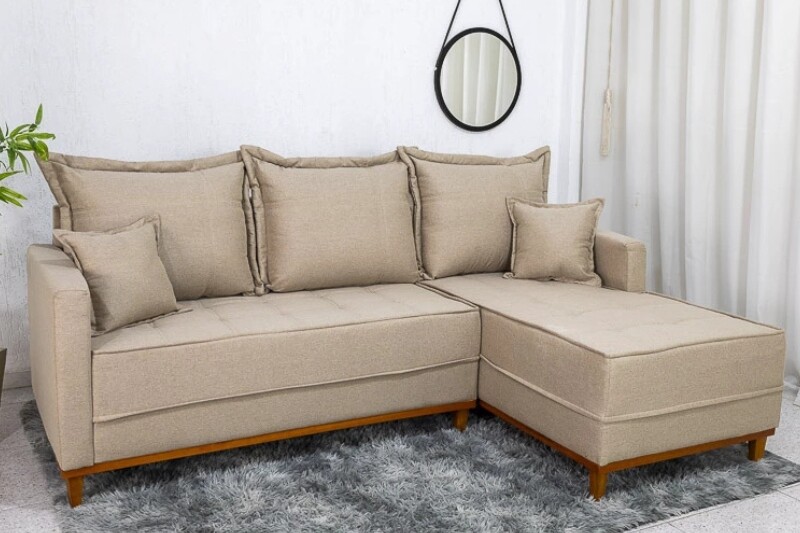 Sofá 3 Lug. Milão C/Chaise Lado Esquerdo Linho Bege 1006 Larg. 2.30m - Molas Ensacadas