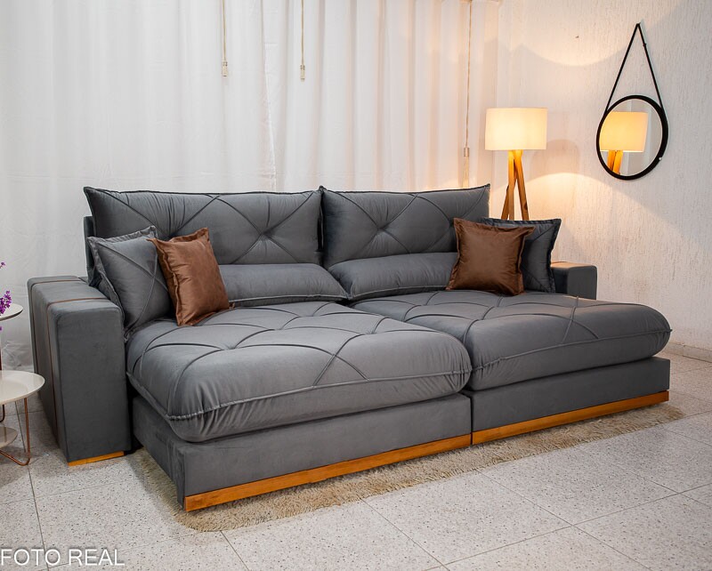 Sofá Retrátil Reclinável Gran Bello 2.90m Veludo Cinza 20 - Molas Ensacadas