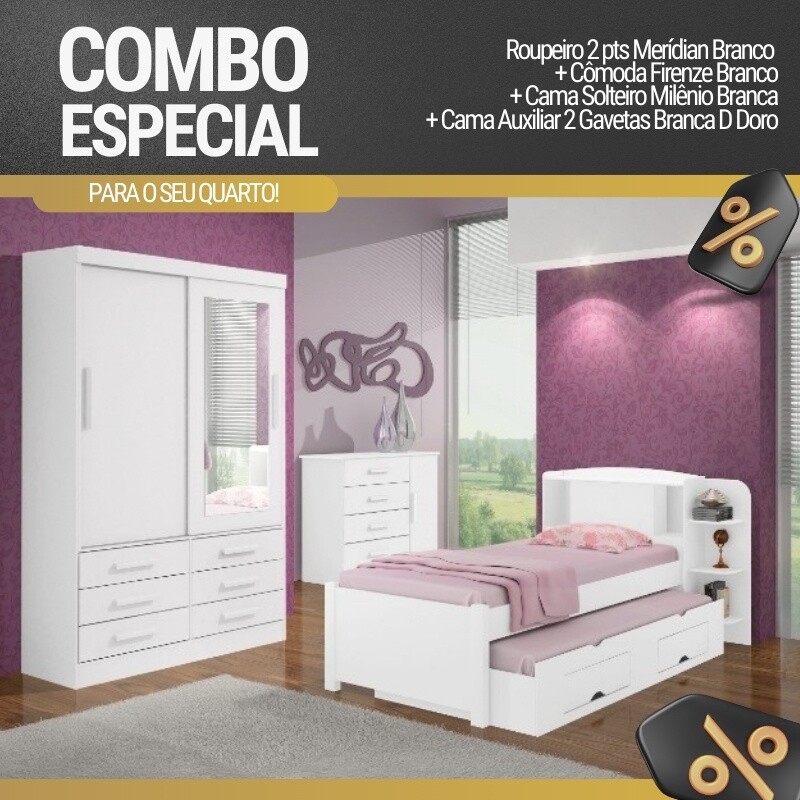 Combo - Roupeiro Merídian Branco 2 Pts + Cômoda Firenze Branco + Cama Solteiro Milênio Branca + Cama Auxiliar 2 Gavetas Branca - D Doro