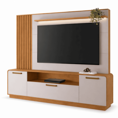Home Apego Cinamomo/Off C/ Luminária LED e Detalhe Ripado TV até 65