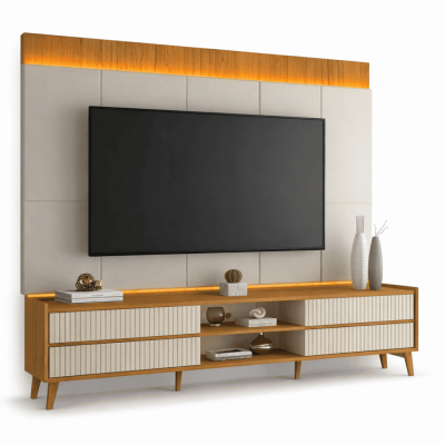 Rack Magnífico 212 Larg. 2.18m + Painel Magnífico 220 Nature/Off C/LED e Detalhe Ripado para TV até 85