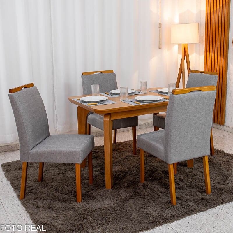 Mesa de Jantar Londrina 120x80 Cinamomo Rufato + 4 Cad. Isabela Linho Cinza 05 Madeira - KM Decor