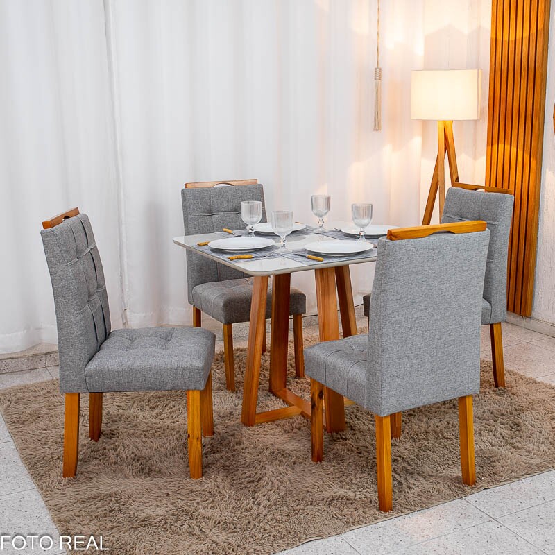 Mesa de Jantar Bali 90×90 Vidro Off/Base Madeira + 4 Cad. Londres Linho Cinza Madeira Minas Plac - Entregue Montada
