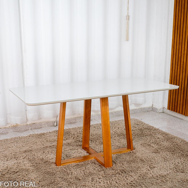 Mesa de Jantar Bali 160x80 Vidro Off/Base Madeira Minas Plac - Entregue Montada