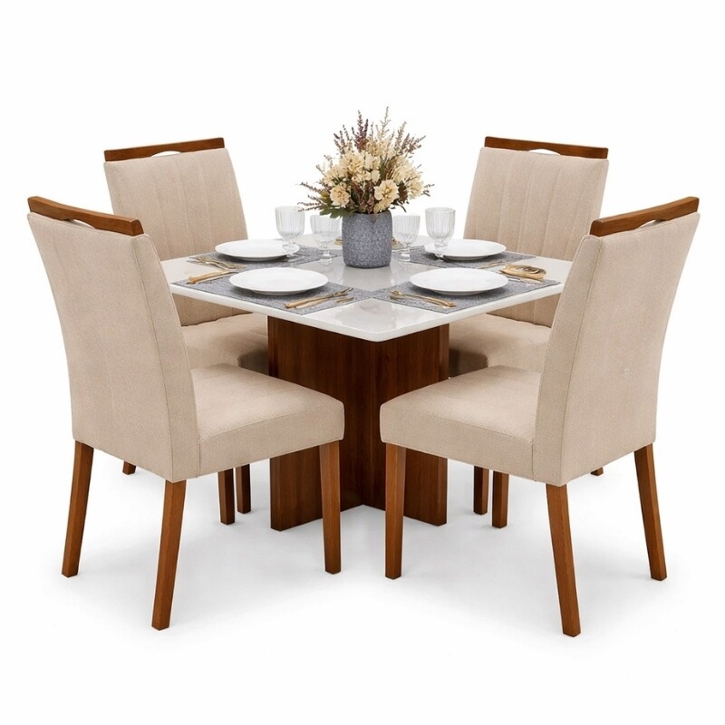 Mesa de Jantar Moscou 90x90 Vidro Off/Cinamomo Minas Plac + 4 Cadeiras Isabela Linho Bege 01 Madeira Maciça KM Decor - Entregue Montada