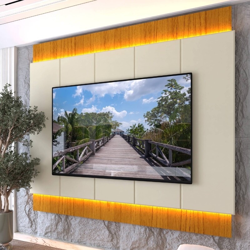 Painel Magnífico 220 Larg. 2.18m Nature/Off C/LED e Detalhe Ripado para TV até 85