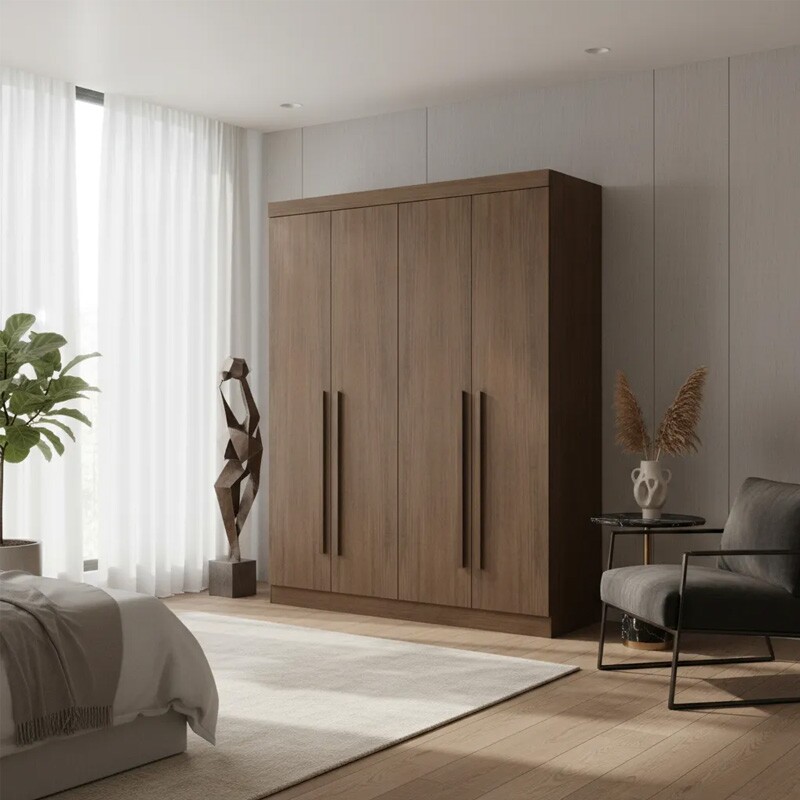 Roupeiro Solteiro Da Vinci Plus Castanho 4 Portas 3 Gavetas 100% MDF Larg. 1.85m - D Doro
