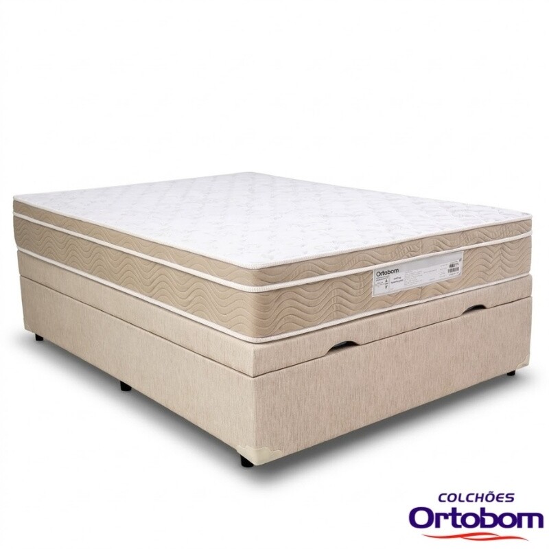 Colchão Casal Airtech Springpocket Molas Ensacadas Ortobom + Base Box Baú Casal Prime Confort Corino Palha Blindado Issacar - 138x188x70 | Suporta até 240kg