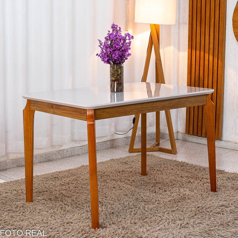 Mesa de Jantar Alegra Tampo Vidro Off 120×80 Madeira Maciça - JCM