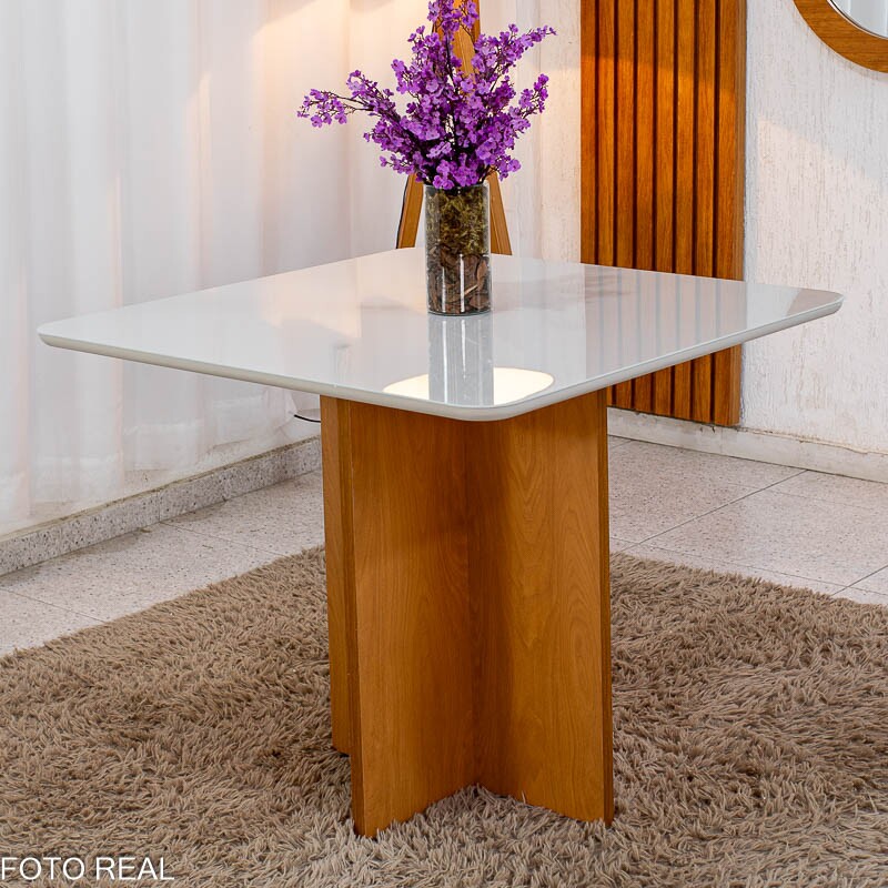 Mesa de Jantar Moscou 90x90 Vidro Off/Base Cinamomo - Minas Plac