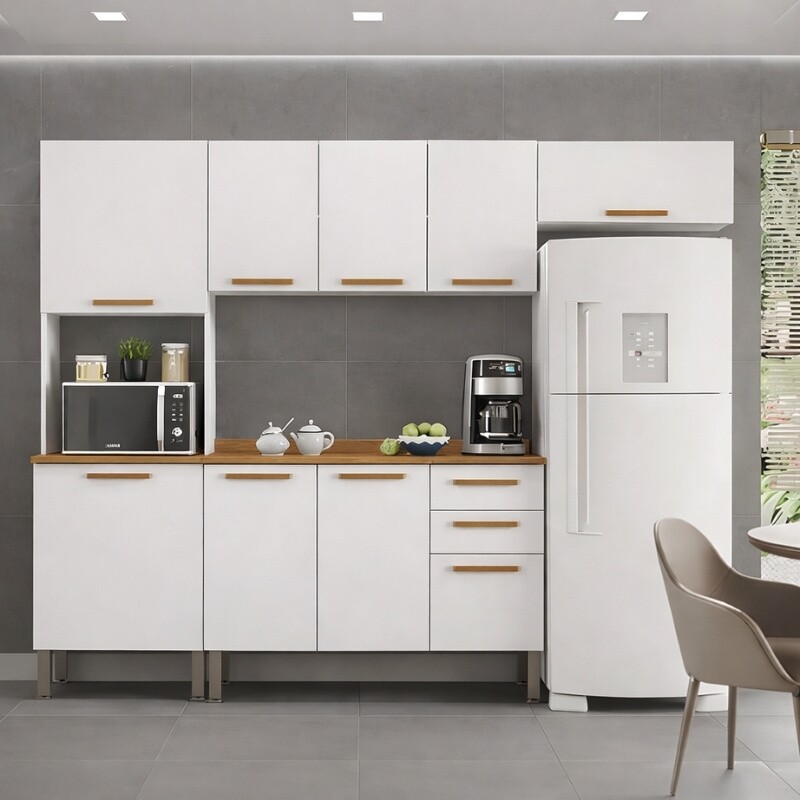 Torre Quente Cozinha New Valência + Balcão 1.20m + Aéreo Triplo 3 Portas 1.20m + Armário de geladeira New Valência Branco/Cinamomo - Sallêto