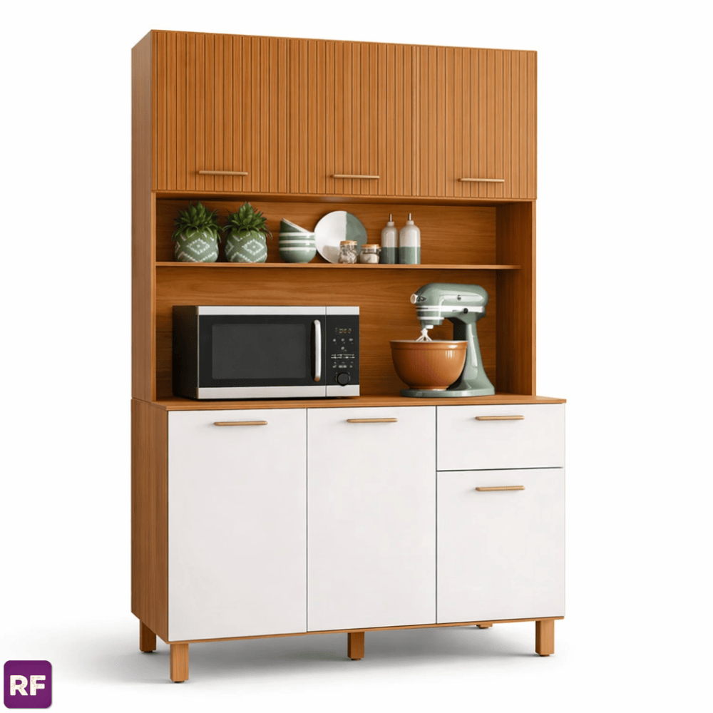 Kit Cozinha New Lívia Freijó/Off 6 Portas 1 Gaveta Com Detalhe Ripado 3D Larg. 1.10m - Poliman