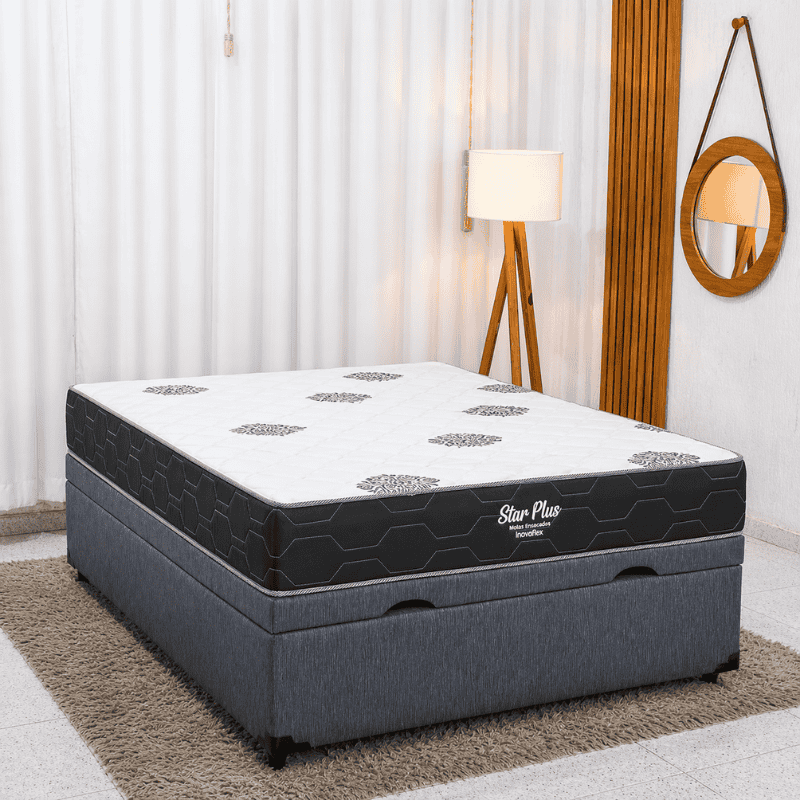 Colchão Casal Star Plus Molas Ensacadas Pocket - Inovaflex + Base Box Baú Casal Prime Confort Corino Petróleo Blindado - Issacar 138x188x70 | Suporta até 120kg