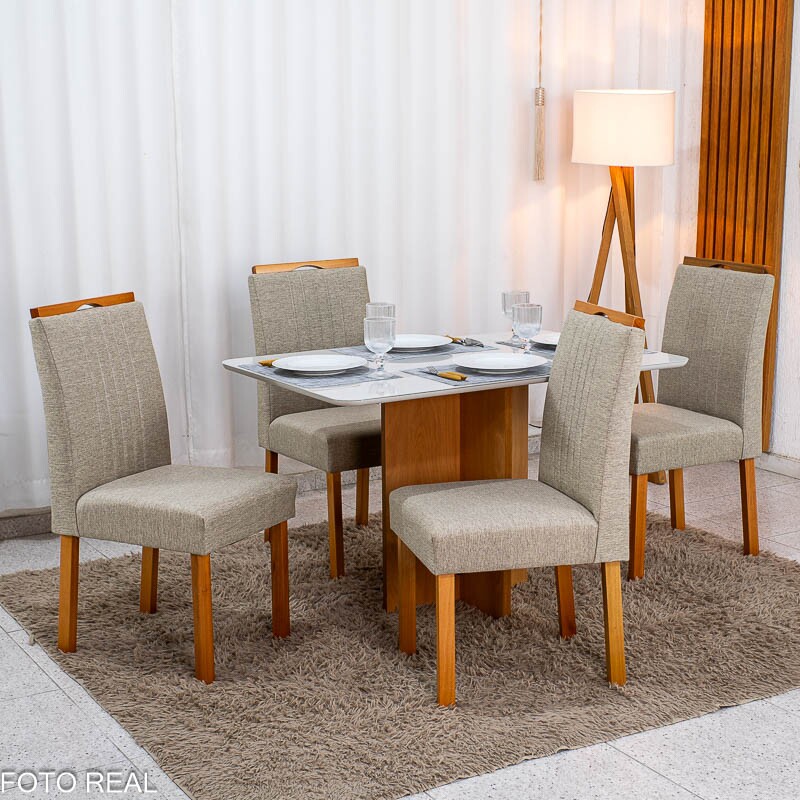 Mesa de Jantar Moscou 120x80 Cinamomo/Vidro Off + 4 Cad. Atlanta Linho Bege Cru Madeira Maciça Minas Plac - Entregue Montada