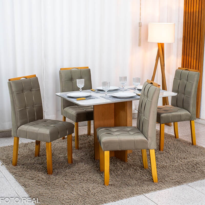 Mesa de Jantar Moscou 120x80 Vidro Off/Base Cinamomo + 4 Cad. Londres Veludo Avelã Madeira Maciça Minas Plac - Entregue Montada