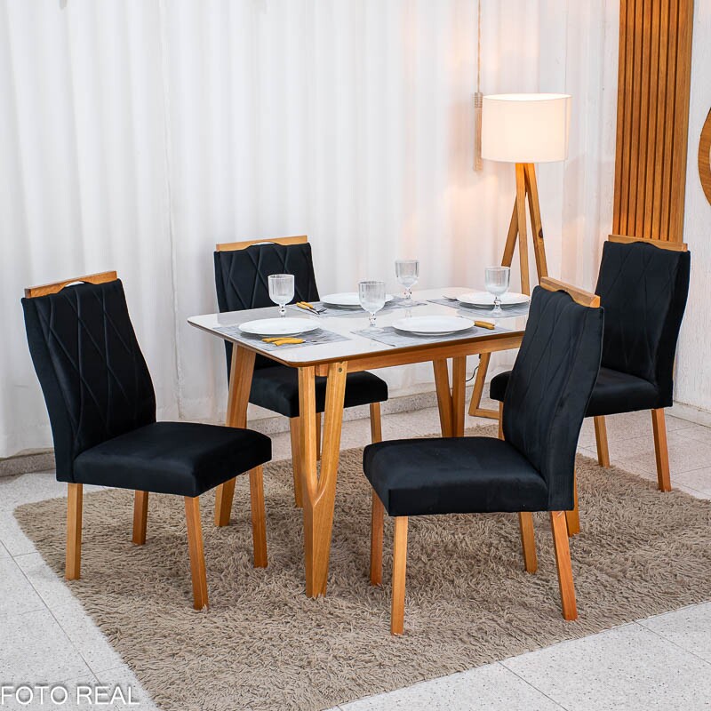 Mesa de Jantar Siena 120x90 Vidro Off/Base Madeira + 4 Cad. Lisboa Veludo Preto 504 Madeira Entregue Montada - Art Assento