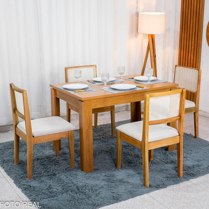 Mesa Athenas 120x80 Amêndoa Clean Tampo Maciço - Móveis Lopas + 4 Cad. Cantiga Boucle Bege Madeira Maciça - Bechara