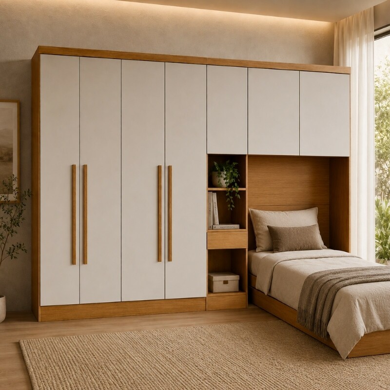 Modulado Solteiro Cumaru/Fendi Fosco 1 Roupeiro Moderni 4 Pts + 1 Criado Rizon + 1 Aéreo 2 portas Rizon - Novo Horizonte