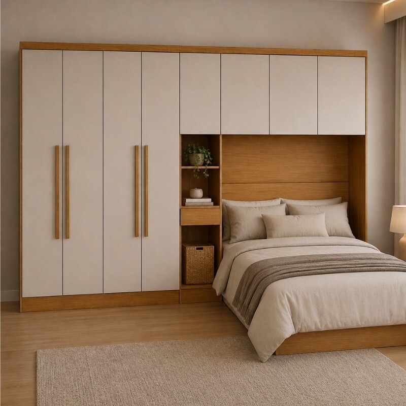 Modulado Casal Cumaru/Fendi Fosco 1 Roupeiro Moderni 4 Pts + 1 Criado Rizon + 1 Aéreo 3 portas Rizon - Novo Horizonte