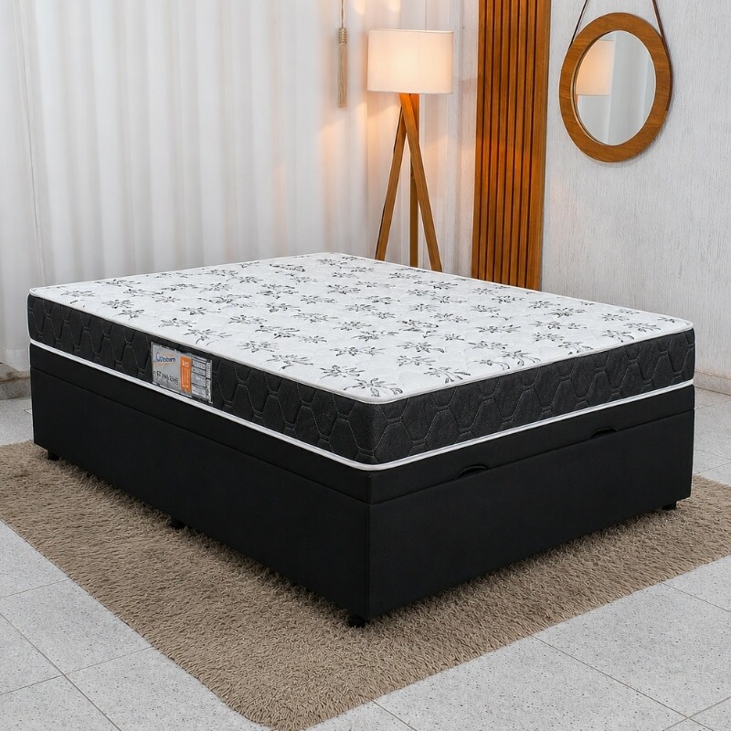 Colchão Casal Extra Firme 100% Espuma - Lestespuma + Base Box Baú Casal Prime Confort Sued Preto Blindado - Issacar 138x188x63 | Suporta até 240kg