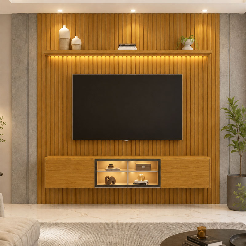 Painel Nobre Larg. 1.85m Naturale Ripado + Nicho Larg. 1.51m Luminare Naturale C/Led para TV até 75