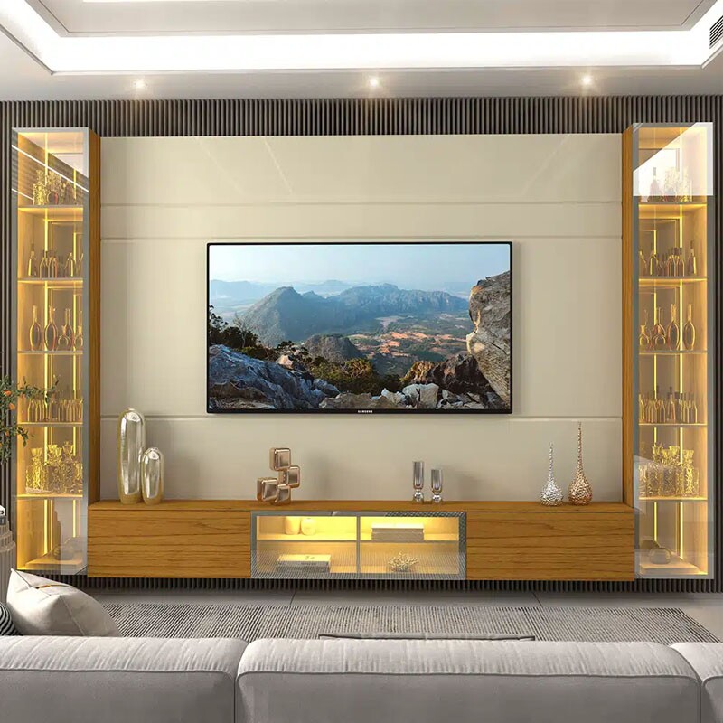 Home Luminare Reflect Larg. 2.93m Off White/Naturale C/LED e Espelho TV de até 85