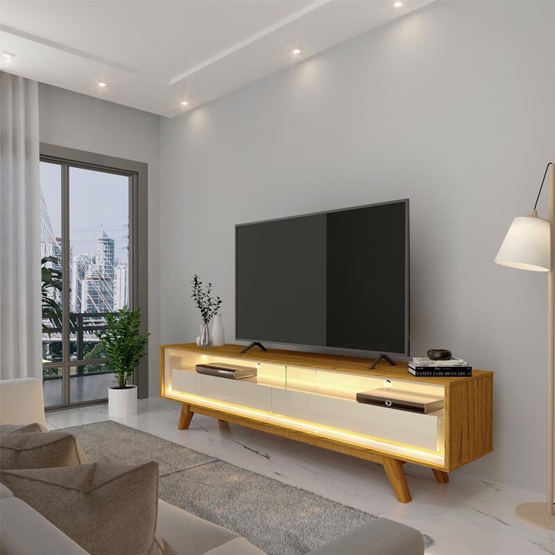 Rack Requinte Larg. 1.72m Naturale/Off C/ Led 100% MDF para TV até 65