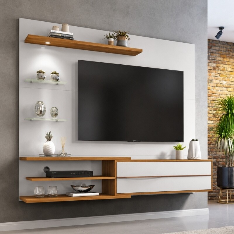 Painel NT 1115 Larg. 1.80m Off White/Freijó C/ Led para TV até 60