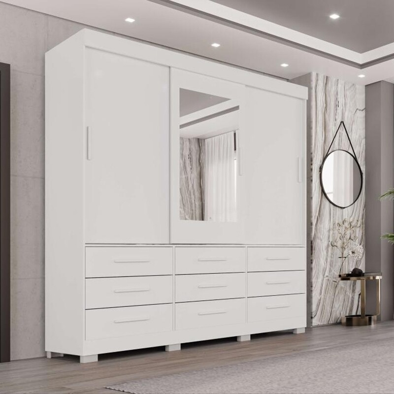 Guarda-Roupa Casal New Star 3 Portas 9 Gavetas Branco c/ 1 Espelho c/Pés Larg. 1.80m Sallêto